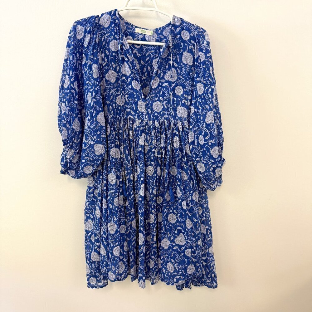 Dolma Blue Floral Print Flowy Bohemian Baby Doll Mini Dress - Picture 2 of 7